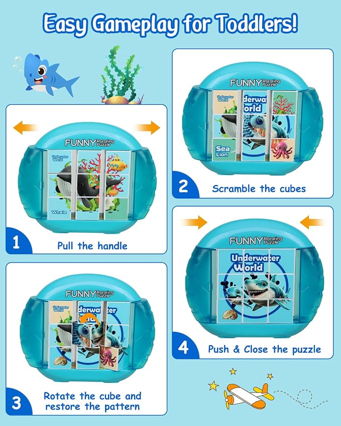 Rotating 3D Puzzle for Kids 3 4 5 6 7 Year Old, 4 Puzzles in 1, Handheld Game Fidget Toys for Travel, Cars & Plane, Fine Motor Skills Developing (Marine Life)