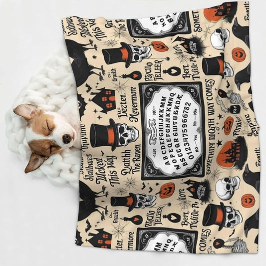 Reversible Plush Dot Pet Blanket, Halloween Witchcraft Witch Pumpkin Spider Web Bat Raven Magic Board Spirit Skull Skeleton Vintage Black, Ultra Soft Two Sided Throw for Dogs Cats Home Use Comfort