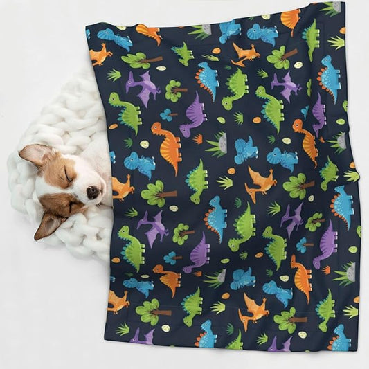 Dog and Cat Blanket in One, Cute Colorful Cartoon Dinosaurs, Double Sided Plush Throw with Raised Dot Pattern on One Side and Flat Velvet on Other for Variety