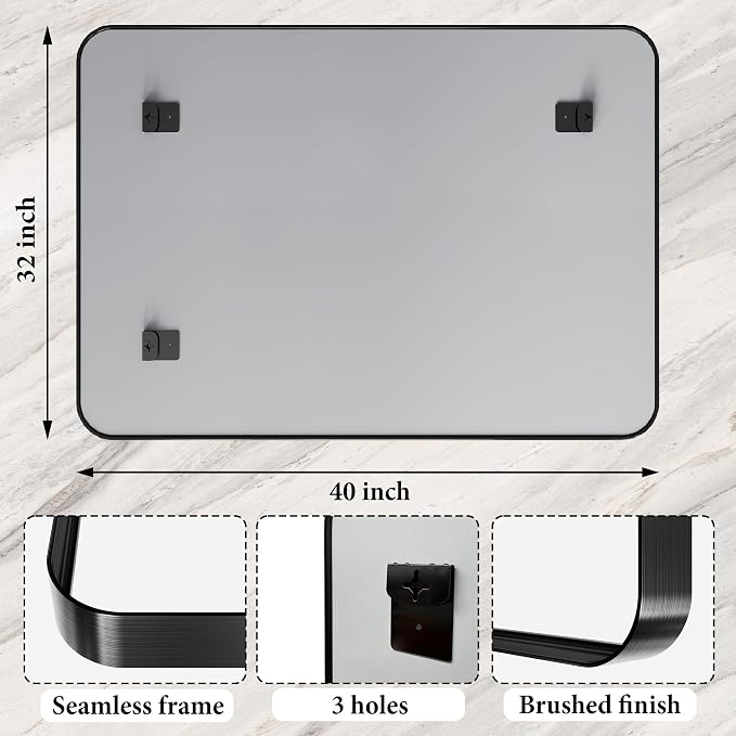 32x40 Inch Metal Black Framed Bathroom Mirror