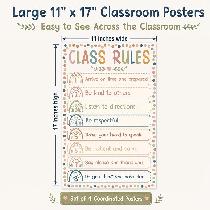 Classroom Jobs & Classroom Rules Poster Set, 4 Classroom Posters Elementary with Birthday Chart & Welcome Poster, Preschool Posters Laminated Style, Classroom Decor for Kindergarten Teacher
