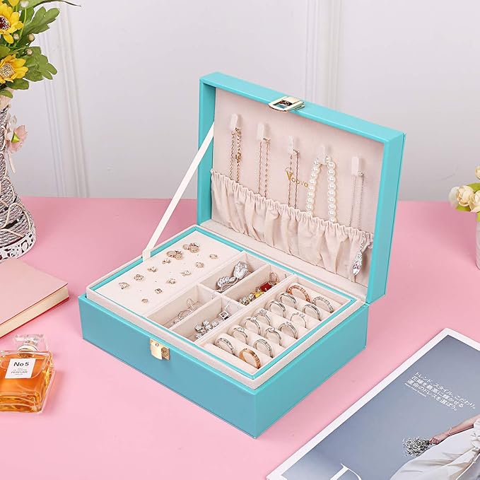 Voova Jewelry Box Organizer for Women Girls, 2 Layer Large Men Jewelry Storage Case, PU Leather Display Jewellery Holder with Removable Tray for Necklace Earrings Rings Bracelets, Gift, Teal/Lake Blue