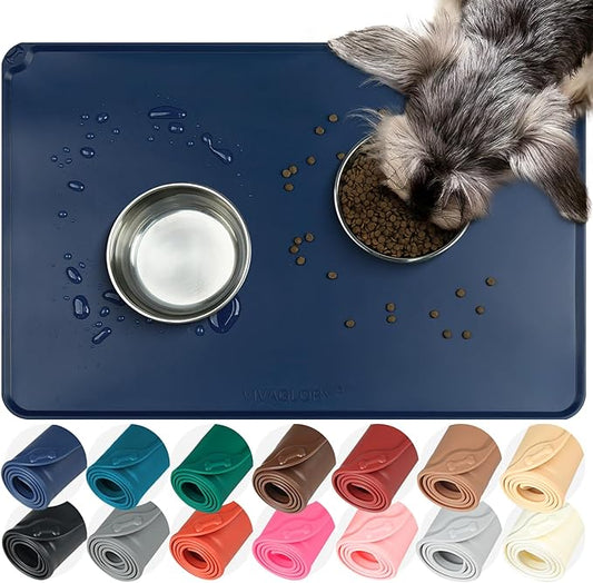 VIVAGLORY Dog Food Mat Flexmat Dog Bowl Mat, Placemat Food Tray with Raised Edges & Lip for Indoor Floor, Non Slip Waterproof Silicone Dish Placemat for Cat & Pet, S, Navy Blue
