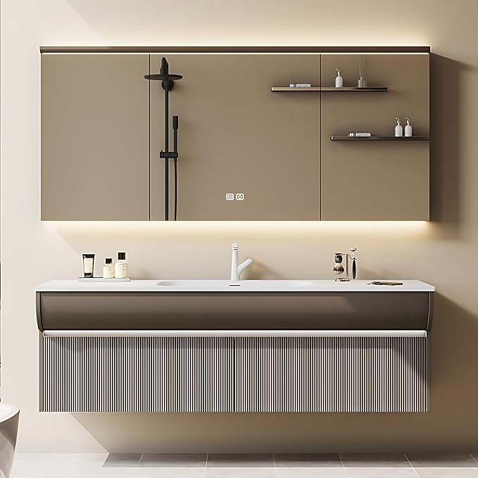 Solid Wood Bathroom Vanity Set - Wall Mounted Bathroom Cabinet with Light, Mirror with Light & Defog, Exquisite Accessories (Mirror Cabinet Style, 56'')