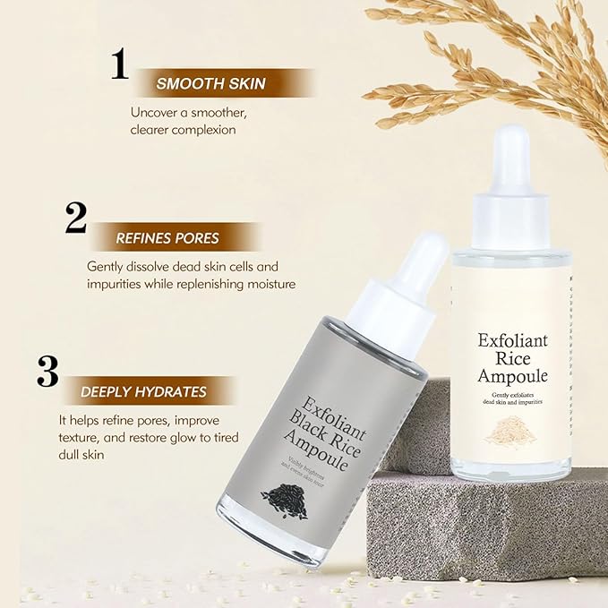 Rice Exfoliating Ampoule Set, White Black Rice Exfoliant Serum, Body and Face Exfoliator, Peeling Ampoule & Dead Skin Remover - Gentle Peel and Pore Minimizing & Deep Hydration