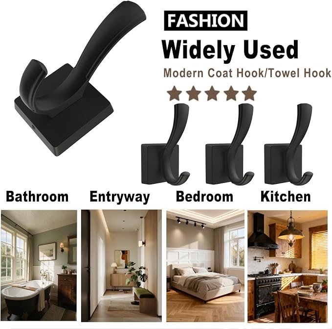 TOFIIGREM Black Coat Hooks for Wall Hanging, Bath Robe Hook Heavy Duty Thick