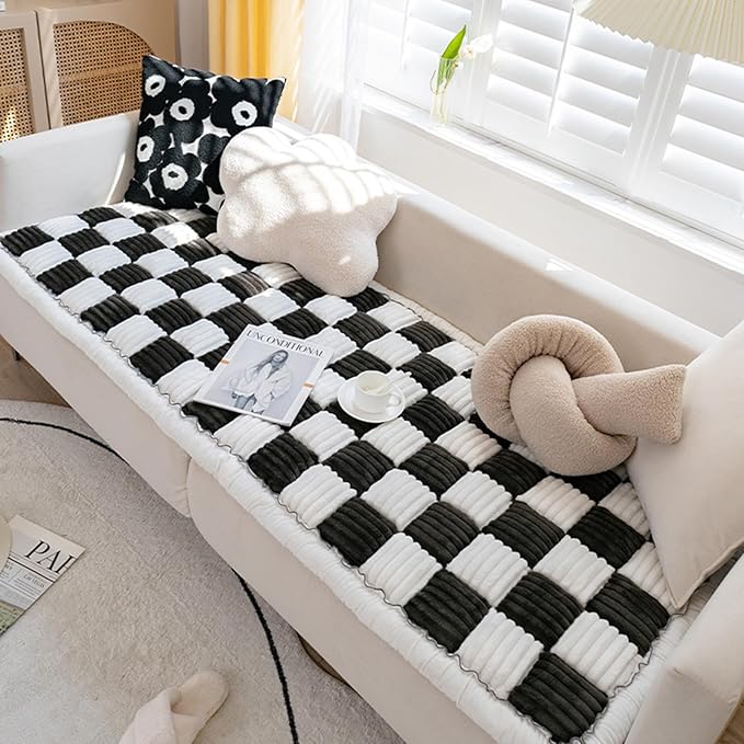 FunnyFuzzy Cream-Coloured Plaid Square Pet Mat Bed Couch Cover, Winter Thickened Dog Bed Cover Pet Blanket Sofa Couch Furniture Protector for Kids Dog Cat(Size:27.6 * 70.9 in,Color:Black)