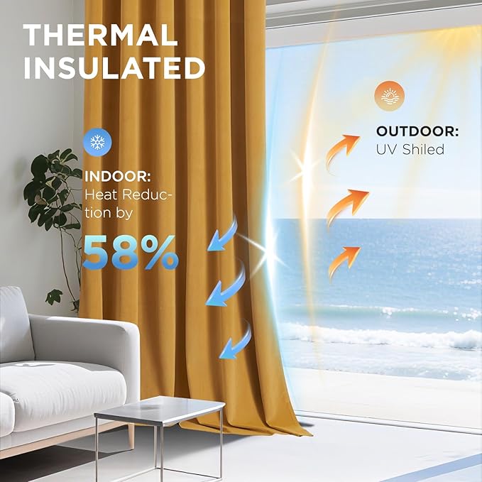 Joydeco Mustard Yellow 100% Blackout Curtains 120 Inch 2 Panels, Luxury Thermal Yellow Velvet Curtains for Bedroom Living Room, Soundproof Blackout Window Drapes, Grommet Top (52W x 120L)