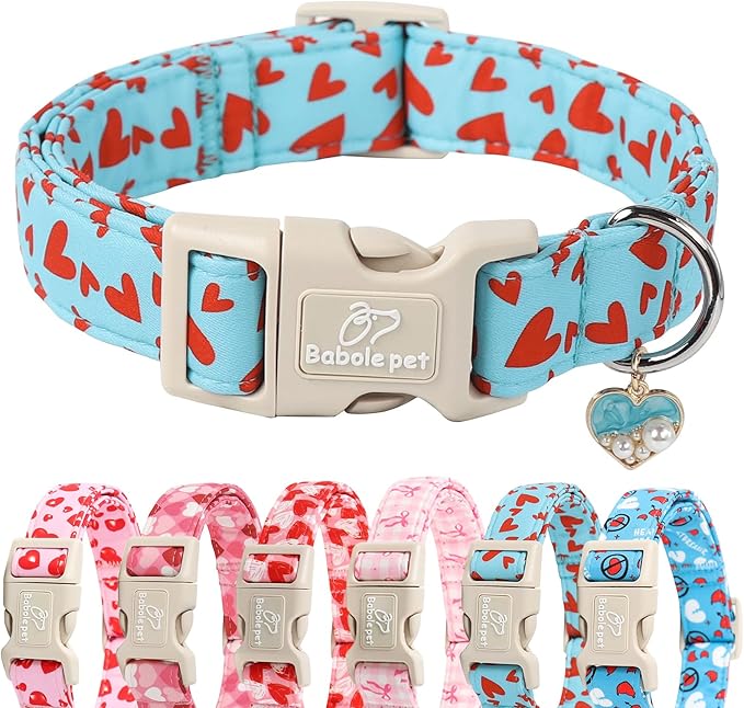 Valentines Dog Collar for Medium Dogs - Cute Valentine Blue Dog Collars, Adjustable Puppy Red Hearts Collar with Quick Release Buckle for Boys&Girls Dogs M