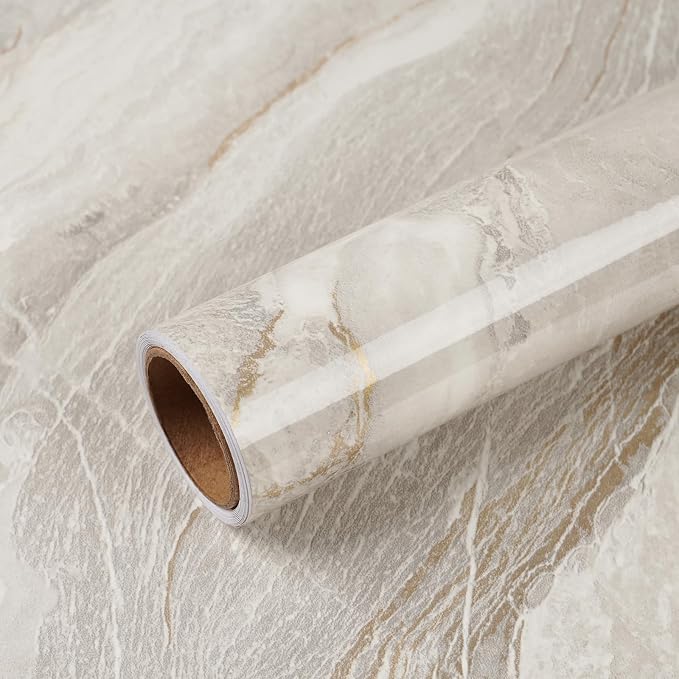 VEELIKE Glossy Beige Gold Marble Contact Paper