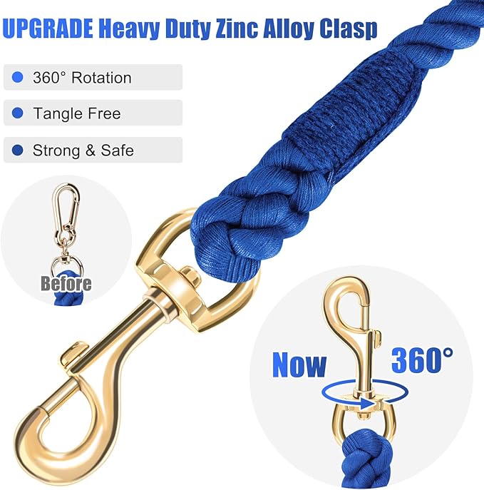 Dog Leash 5 FT Handmade Braided Cotton Rope Leashes for Small Medium and Large Dogs, New Golden Heavy Duty Metal Clasp, Navy Blue