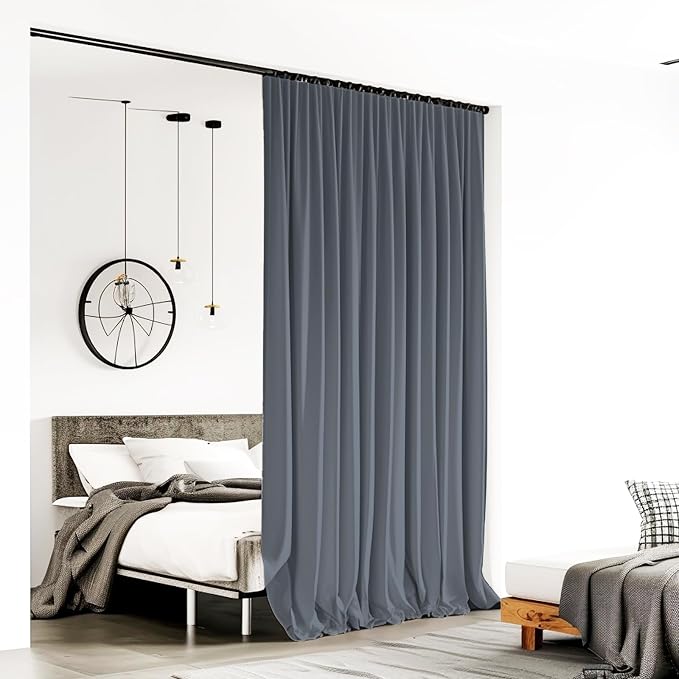 Room Divider Curtains for Ceiling Track Rod, 15 ft Wide x 9 ft Tall, Dark Grey