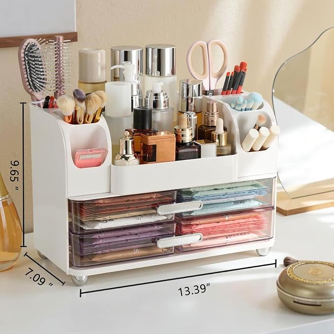 Large Makeup Organizer Countertop with Drawers, Make Up Organizer for Vanity, Makeup Storage Organizer Countertop Makeup Organizers for Skincare, White