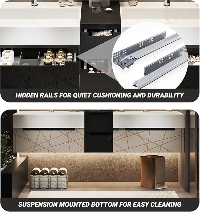 Double Bathroom Vanity with Sink, Floating Modern Bathroom Vanity Set Includes LED Smart Defogging Mirror and Open Storage Wall Cabinet, Solid Wood Bathroom Cabinet with Large Drawer (Apricot, 64")