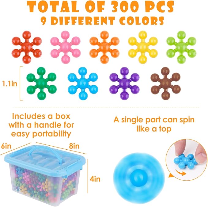 Building Blocks Educational Toy - 300PCS Snowflake Stem Construction Set for Kids 3+, Safe Non-Toxic Storage Case, Learning Gifts for Boys Girls, Multi-Color (Pack of 2)