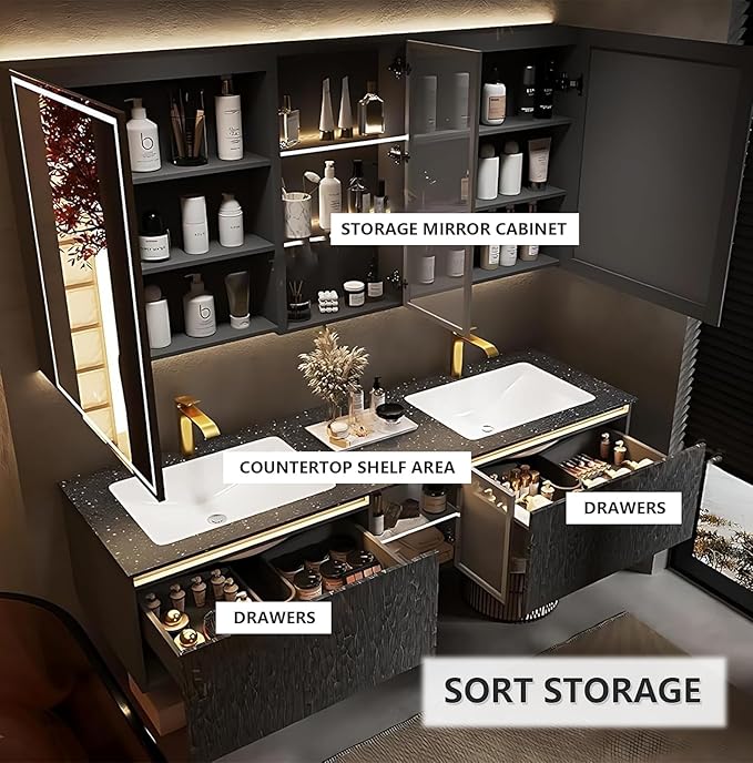 88" Double Bathroom Sink Vanity, Modern Bathroom Vanity Includes LED Smart Defogging Mirror Cabinet & Semi-Open Storage & Ceramic Basin, Floating Bathroom Cabinet with Sensor Light (Dark Brown)
