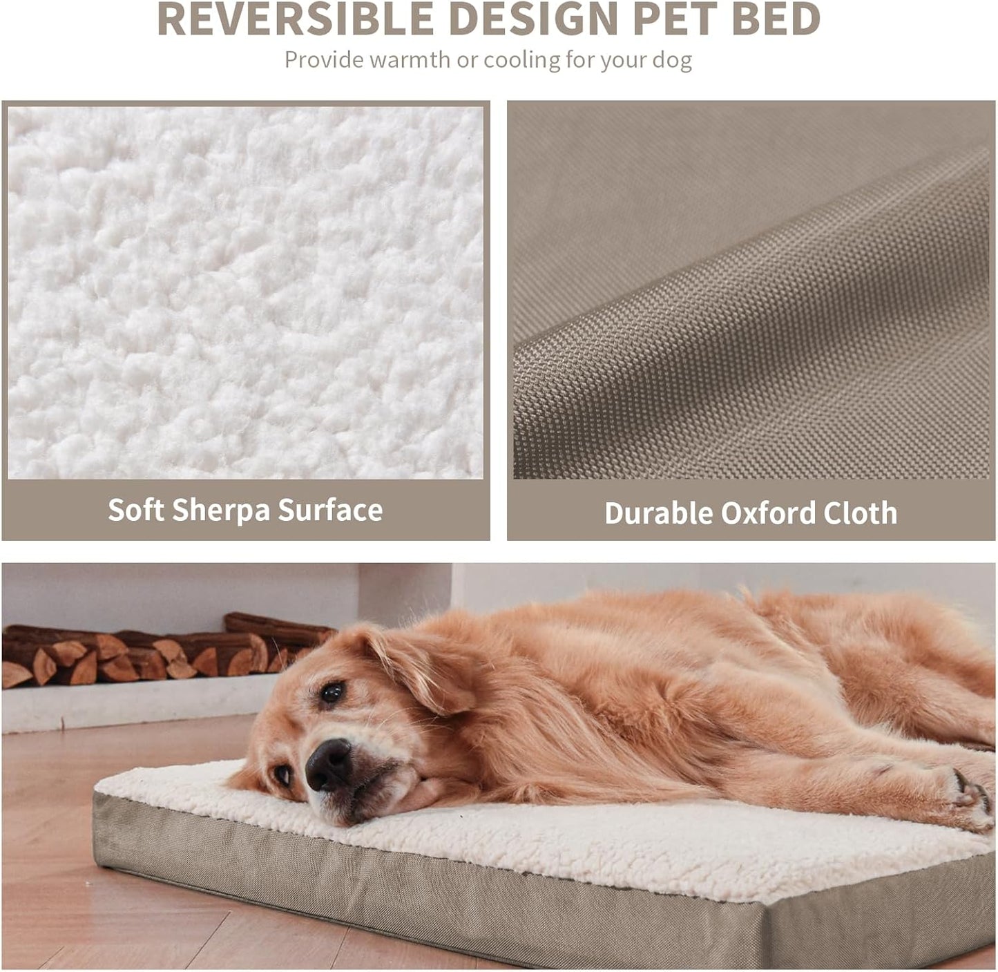 Orthopedic Dog Bed for Extra Large Dogs, XL Waterproof Pet Bed for Large Sized Dog, Egg Crate Foam Pet Bed with Removable Washable Oxford Cooling Cover, Khaki White