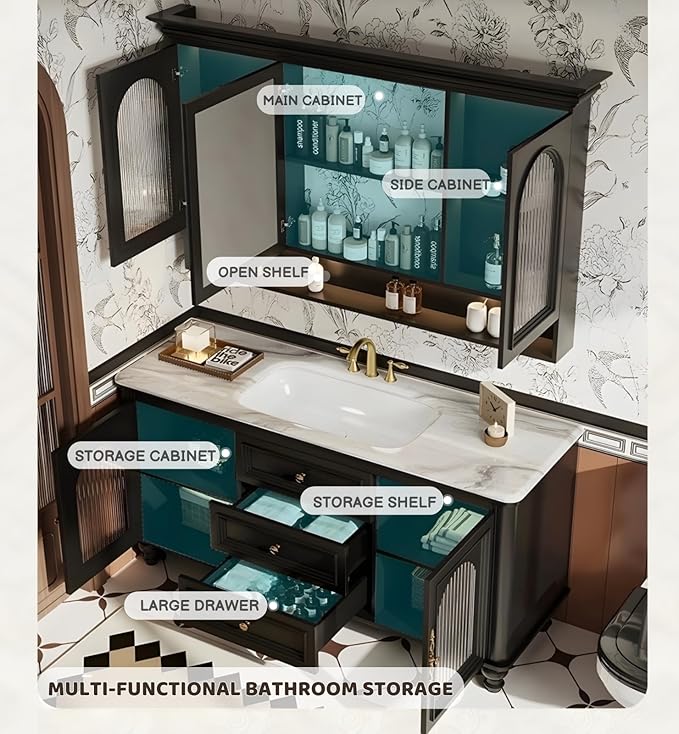 Freestanding Bathroom Vanity with Sink, Solid Wood Bathroom Vanity Set, Vintage Bathroom Vanities with Large Capacity Storage Cabinet and Open Shelf, Elegant Vanities (White,72")