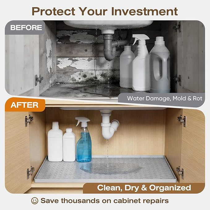 TRZZ Silicone Waterproof Under Sink Mat 34" x 19", Drip Tray and Cabinet Liner for Kitchen and Bathroom, Prevents Water Damage and Organizes Cabinets (Black)