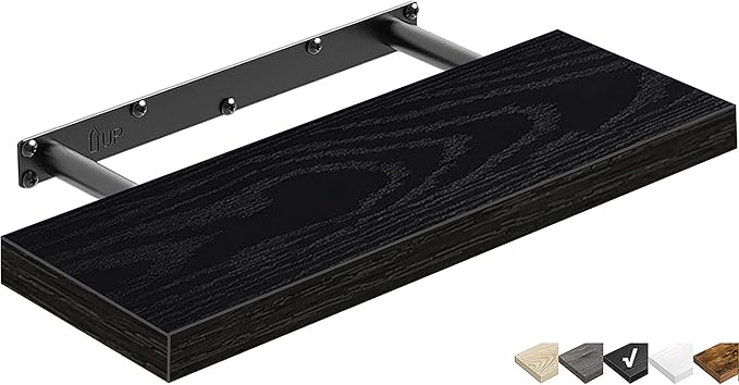 QEEIG Floating Shelf for Wall Bathroom Shelves Bedroom Kitchen Living Room Farmhouse Small Book Shelf 16 inch Set of 1, Black (015-B1)