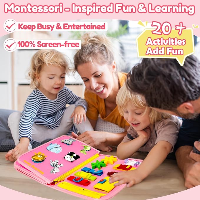Toddler Busy Board Montessori Toys – Sensory Busy Book, Educational Learning Travel Toy for Airplane & Car, Keeps Toddlers Engaged, Birthday Gifts for Toddler Girls