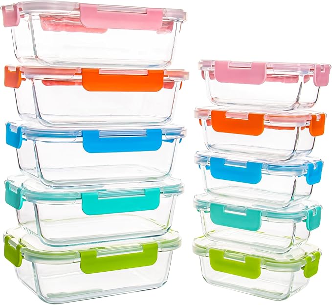 10 Pack Glass Food Storage Containers, Glass Meal Prep Containers with Lids Leak Proof, Clear Glass Bento Boxes for Adults, Microwave & Freezer Safe (34oz & 12oz)