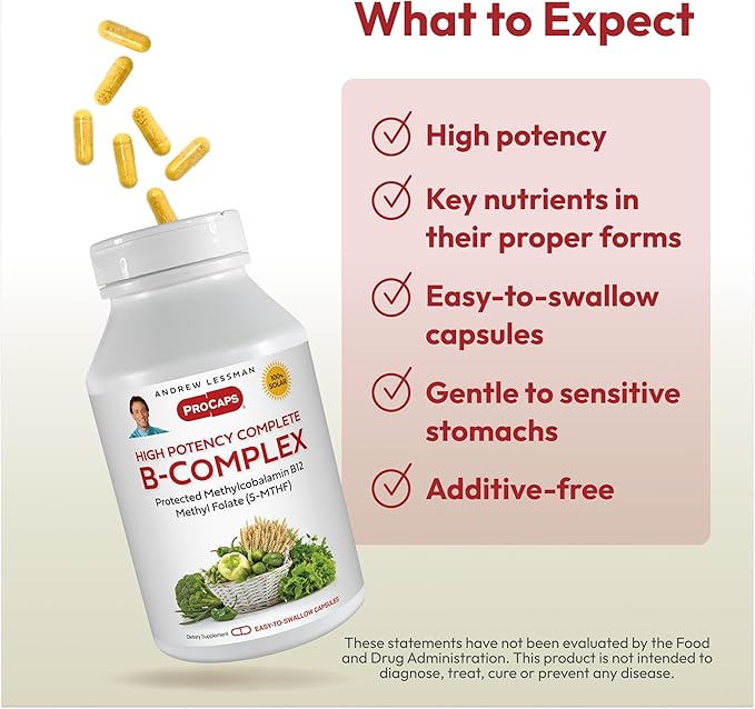 ANDREW LESSMAN High Potency B-Complex 180 Capsules - with High Levels of Folate Complex and Biotin, Promotes Cellular Growth, Energy, Immune Function, Detoxification, Fat Metabolism and More