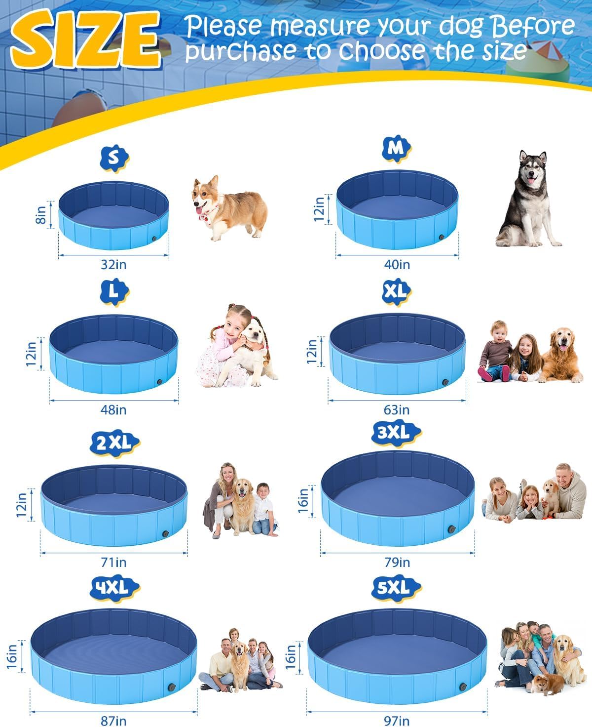 Foldable Dog Pool, YSJILIDE Portable PVC Pet Swimming Pool, Collapsible Plastic Bath for for Large Medium Small Dogs & Kids (XXXL-79"x 16" Blue)