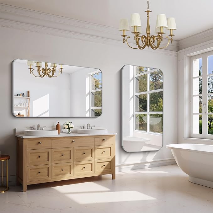 FORBATH 30x55 Inch Silver Bathroom Mirror for Over Sink, Large Rectangular Wall Mirror with Metal Frame, Rounded Corners for Bathroom, Bedroom, Entryway Decor (Horizontal or Vertical)