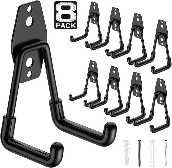Garage Hooks with Anti-Slip Coating,Heavy Duty Wall Mount Storage Hooks for Hanging Bike,Hose,Ladder,Yard,Garden Tools (8 Pack Black 4.5x2.75 inch)