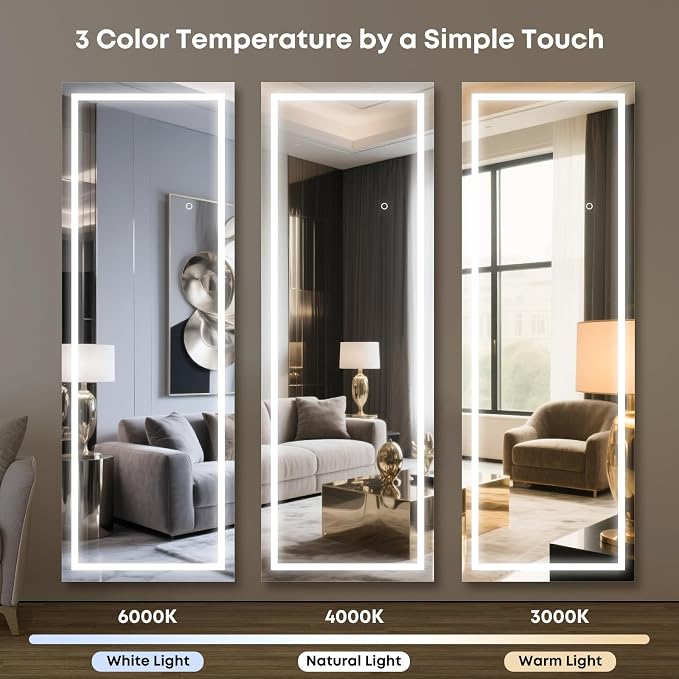 Kosmonia 63x24 Frameless Full Length Mirror, Dimmable 3 Color LED Light
