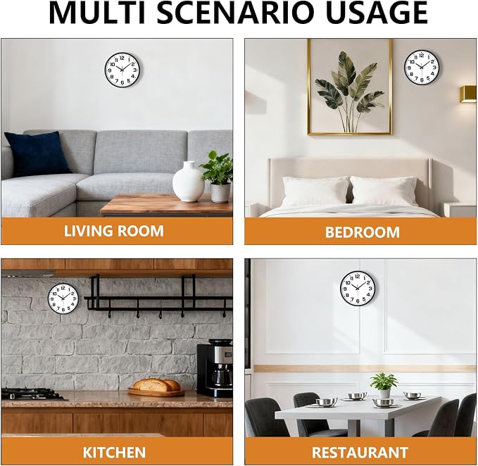 Modern Silent Wall Clock, 12 Inch Non-Ticking Battery Operated Clock, Round