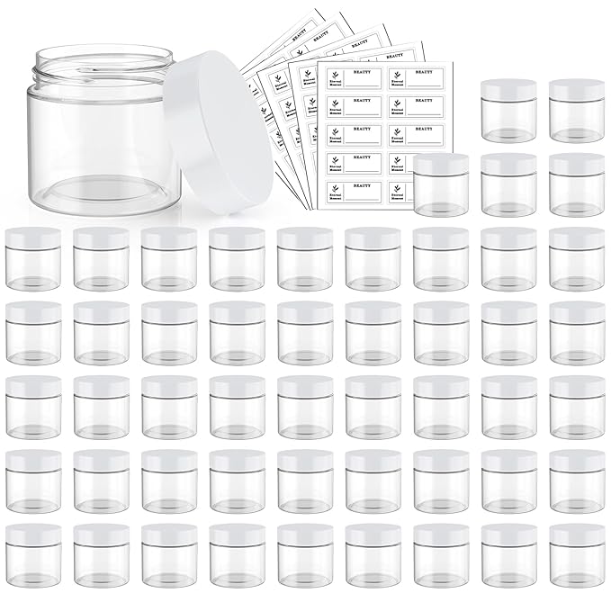 50 Pack 2 OZ Plastic Jars Round Clear Cosmetic Container Jar with White Lids, Eternal Moment Plastic Slime Jars for Lotion, Cream, Ointments, Makeup, Eye shadow, Rhinestone, Samples, Travel Storage