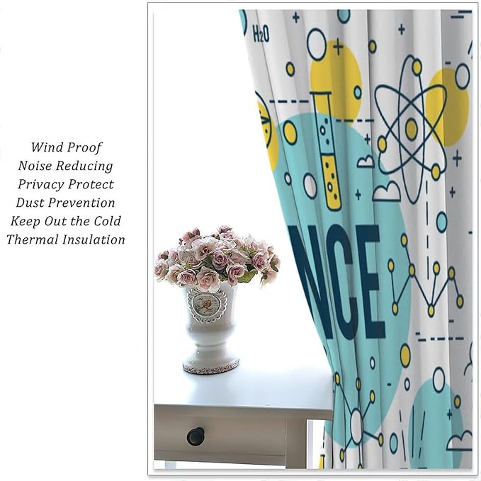 Science Symbols Kids Curtain Sketches Cartoon Chemistry Physics Geometry Education Pattern Print Window Drapes for Bedroom Living Room Kitchen Decor,2 Panel Set,52x84 Inch Blackout