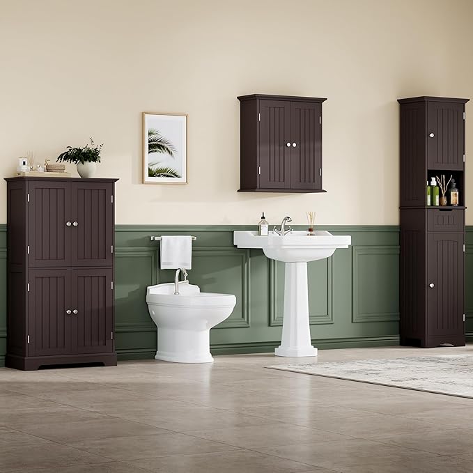 ChooChoo Bathroom Floor Cabinet, Modern Bathroom Storage Cabinet with 4 Doors and Adjustable Shelves, Freestanding Cupboard for Living Room, Espresso