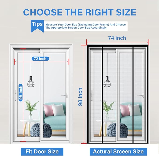 Magnetic Screen Door Upgraded PET Mesh Stronger Than Fiberglass and Polyester,Hands Free,Keeps Bugs Out,Pet & Kid Friendly,Suitable for Sliding Door,Large Patio Door and French Door-72''x96''