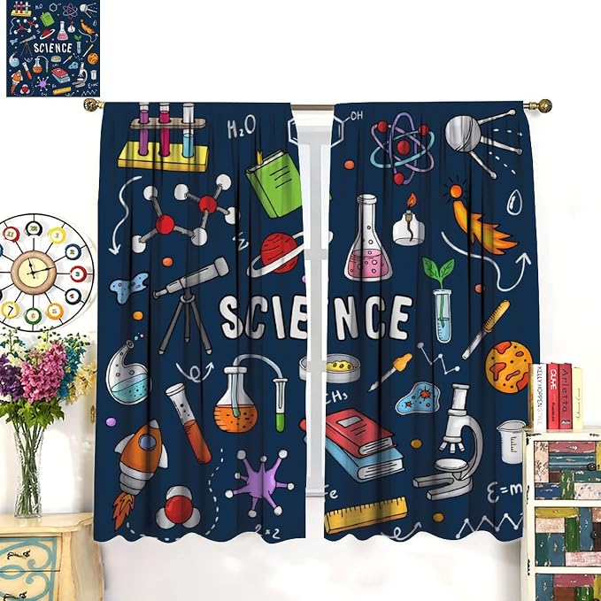 Science Physics Window Curtains, Abstract Math Chemistry Curtain Scientist Graffiti Print Window Treatments for Kids Teens Bedroom Living Room Kitchen Set 2 Panels,63x72 Inches