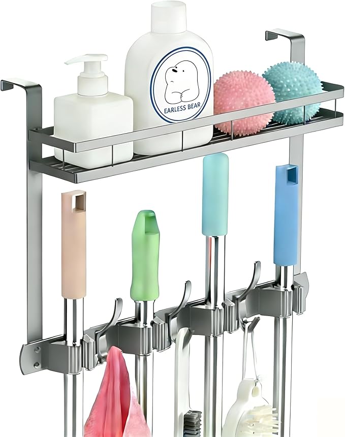 Broom Holder Over The Door Over Door Broom and Mop Rack Over The Door Hooks Organizer With4 Slots & 3 Hooks 1 Storage Basket For Laundry Room, Garage, Closet, Kitchen Decor (grey)