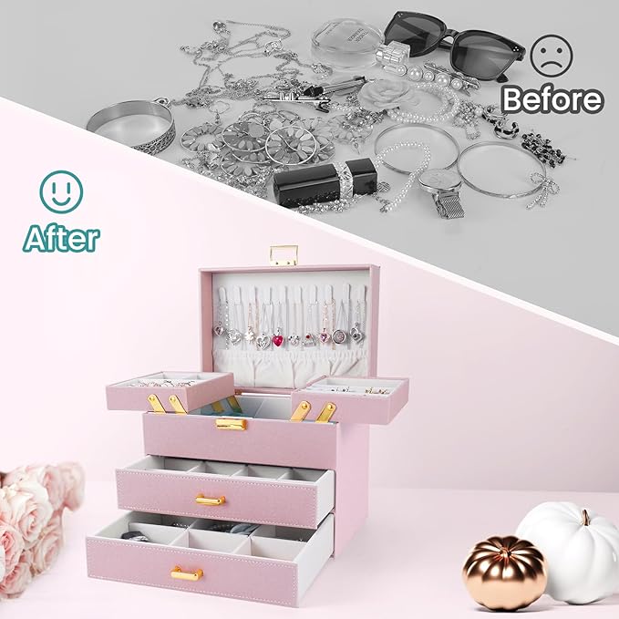 Dajasan Jewelry Boxes for Women Girls, Jewelry Storage Organizer, 4 Layers Large Jewelry Organizer Box with 2 Drawers for Friends, Wife or Mother Gift (Pink)