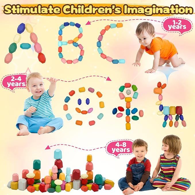 MEGRANATE 39PCS Montessori Wooden Stacking Rocks Toys Colorful Stacking Stones Building Blocks Games Sensory Toy for Kids Educational Learning Toys for 3+ Years Old Kids