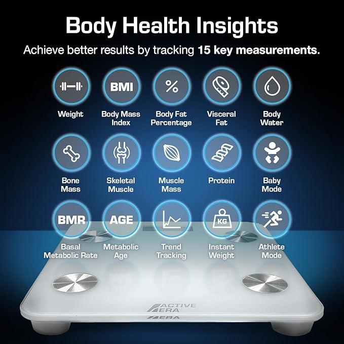 Active Era Digital Bathroom Bluetooth Scales Weight and Body Fat - Fit Track Scale Calculates BMI, Body Fat Percentage, Muscle Mass - Apple Health, Google Fit & Fitbit Compatibility (White)