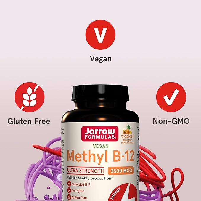 Jarrow Formulas Ultra Strength Methyl B-12, Dietary Supplement for Cellular Energy Production, 100 Tropical-Flavored Chewable Tablets, Up to a 100 Day Supply