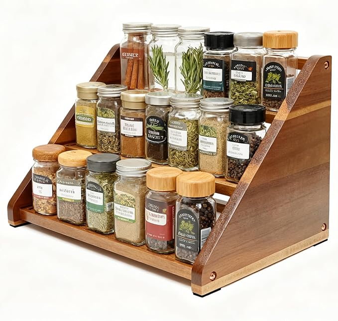 Acacia Wooden Spice Rack for Countertop - 3 Tiered Spice Rack Organizer for Cabinet - Kitchen Spices Organizers Holds 21 Jars - Spices Shelf for Kitchen Storage Pantry Seasoning Organizer