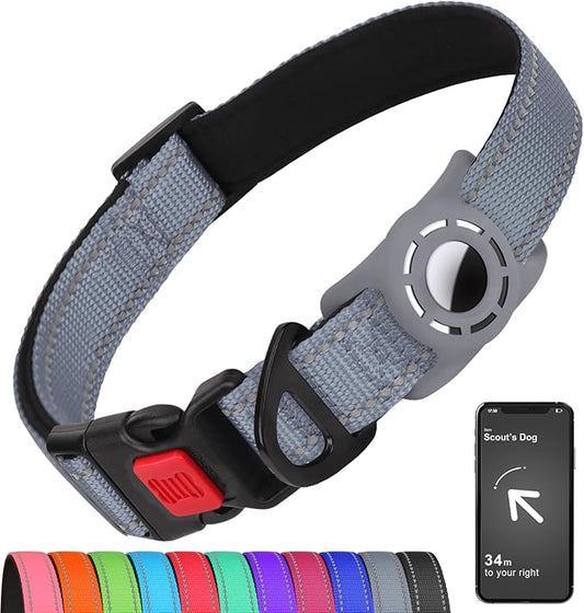 Airtag Dog Collar with AirTag Holder for Medium Dogs, Reflective, Soft Padded & Safety Locking Buckle, Nylon Pet Collars Adjustable for All Breeds, Grey,M