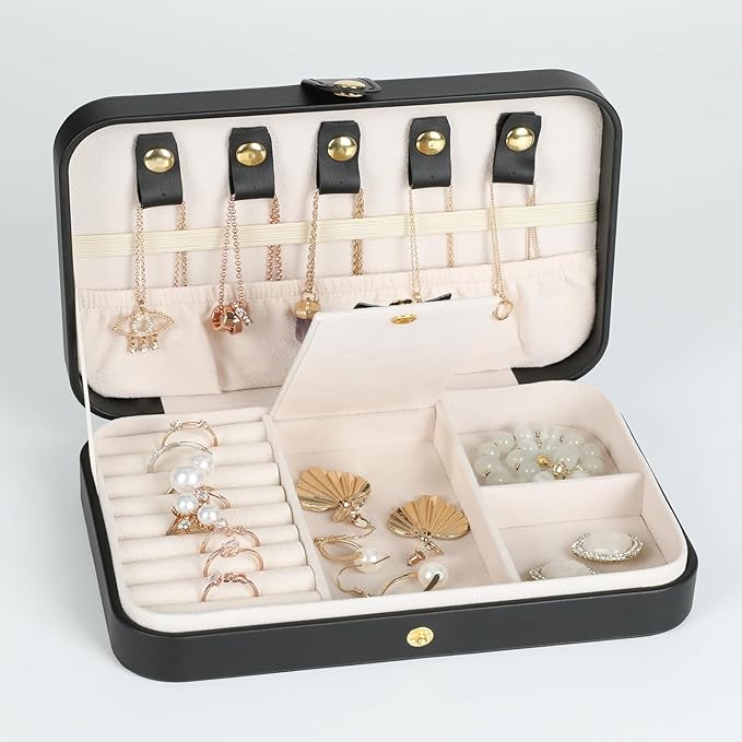 Small Jewelry Box, Travel Jewelry Case Portable Jewelry Boxes for Women, 2-Layer Mini Jewelry Travel Organizer, Gift for Women Girls,Black D