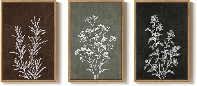 Framed Boho Botanical Wall Art for Living Room, 3 Piece Rustic Floral Canvas