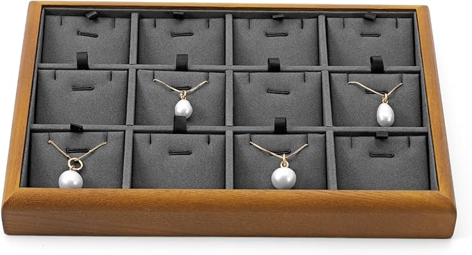 Oirlv Solid Wood 12 Grid Liner Pendant Jewelry Organizer Tray Jewelry Drawer Organizer(Grey)