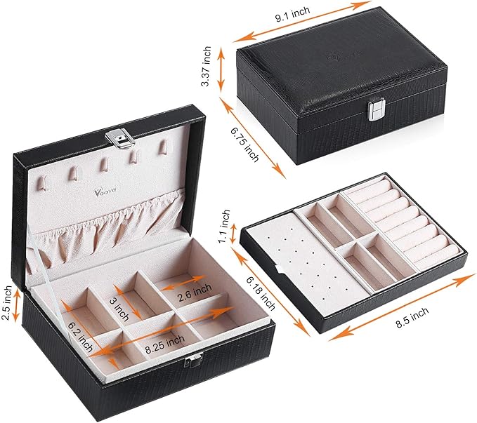 Voova Jewelry Box Organizer for Women Girls, 2 Layer Large Men Jewelry Storage Case, PU Leather Display Jewellery Holder with Removable Tray for Necklace Earrings Rings Bracelets, Vintage Gift, Black
