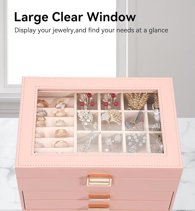 Voova Jewelry Box Organizer for Women Girls, 3 Layer PU Leather Jewelry Storage Case with Glass Lid & 2 Drawers, Large Jewellery Display Holder for Necklaces Rings Earrings Bracelets, Pink
