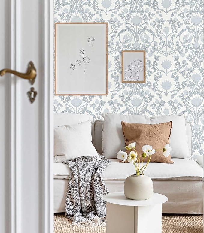 YXTII 17.3" × 393.7" Blue Floral Peel and Stick Wallpaper, Damask Vintage
